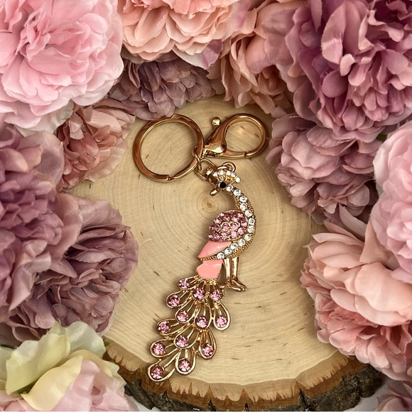Beautiful Golden and Pink Crystal Peacock Keychain Charm - Picture 6 of 15